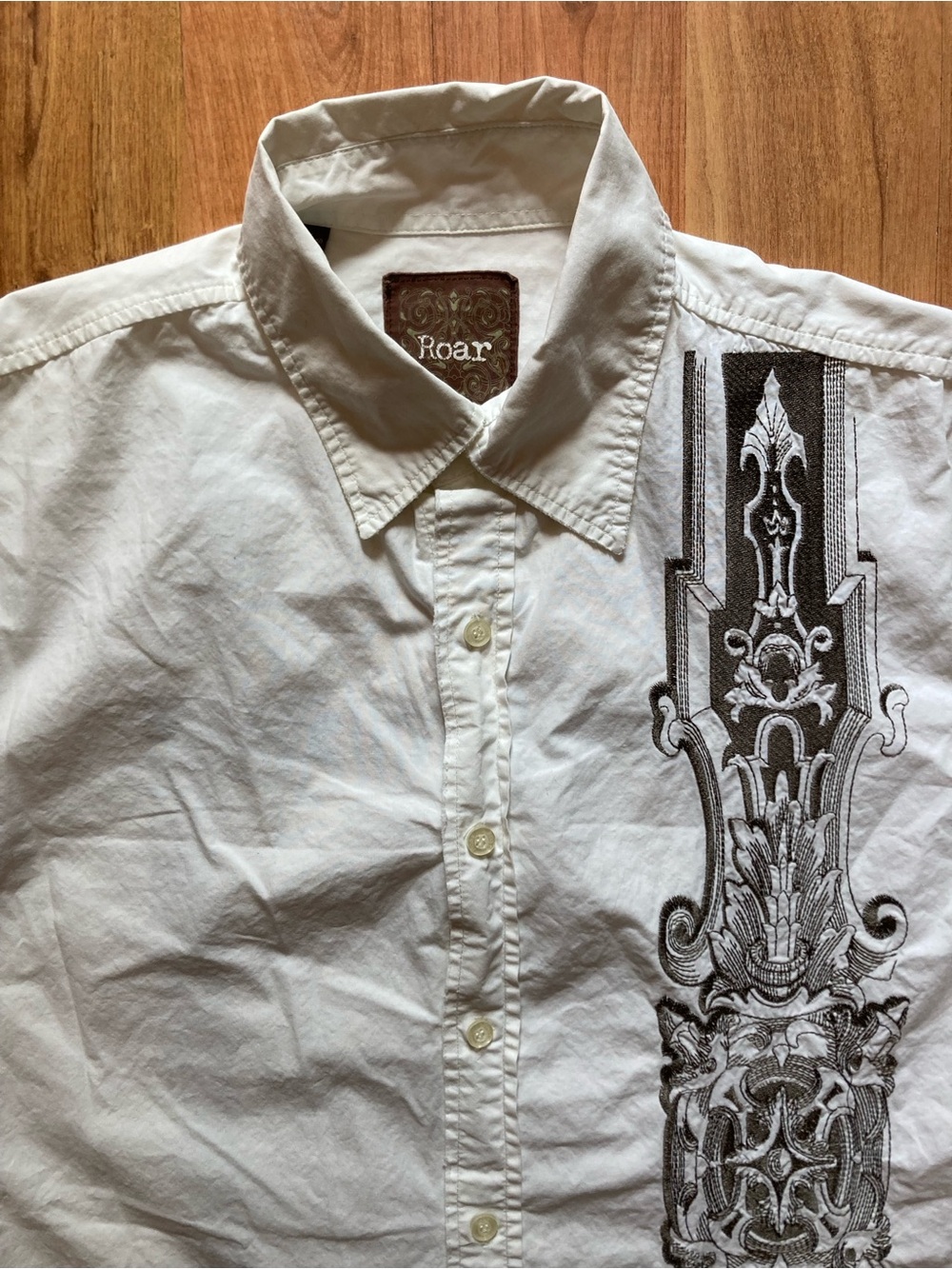 Roar Embroidered Button Up Long Sleeve White Cotton Shirt Mens L Double Sided